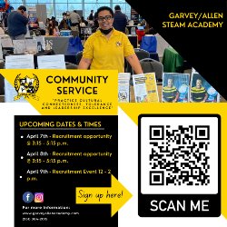 Come join members of the Dream Team in efforts to recruit students that will become Achievers at Garvey/Allen. Starting this week, you can sign up to participate in our initiatives on the dates below: April 7th - Recruitment opportunity @ 3:15 - 5:15 p.m. or April 8th - Recruitment opportunity @ 3:15 - 5:15 p.m. or April 9th - Recruitment Event 12 - 2 p.m. 